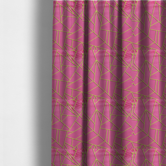 The fabric used to create these made-to-measure curtains is a luxurious magenta or hot pink fabric featuring a fractured, geometric mosaic pattern. The vibrant, matte background is segmented by a network of recessed metallic gold lines that form sharp, irregular polygons. This "shattered-glass" effect creates a striking visual contrast, blending the intense, energetic pink base with shimmering, Art Deco-inspired gold linework for a modern and glamorous look.