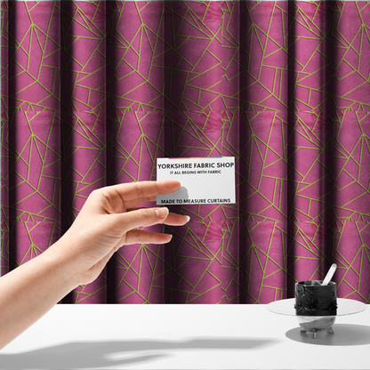 The fabric used to create these made-to-measure curtains is a luxurious magenta or hot pink fabric featuring a fractured, geometric mosaic pattern. The vibrant, matte background is segmented by a network of recessed metallic gold lines that form sharp, irregular polygons. This "shattered-glass" effect creates a striking visual contrast, blending the intense, energetic pink base with shimmering, Art Deco-inspired gold linework for a modern and glamorous look.