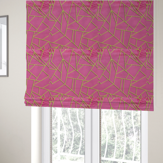 The fabric used to create these Roman blinds is a luxurious magenta or hot pink fabric featuring a fractured, geometric mosaic pattern. The vibrant, matte background is segmented by a network of recessed metallic gold lines that form sharp, irregular polygons. This "shattered-glass" effect creates a striking visual contrast, blending the intense, energetic pink base with shimmering, Art Deco-inspired gold linework for a modern and glamorous look.