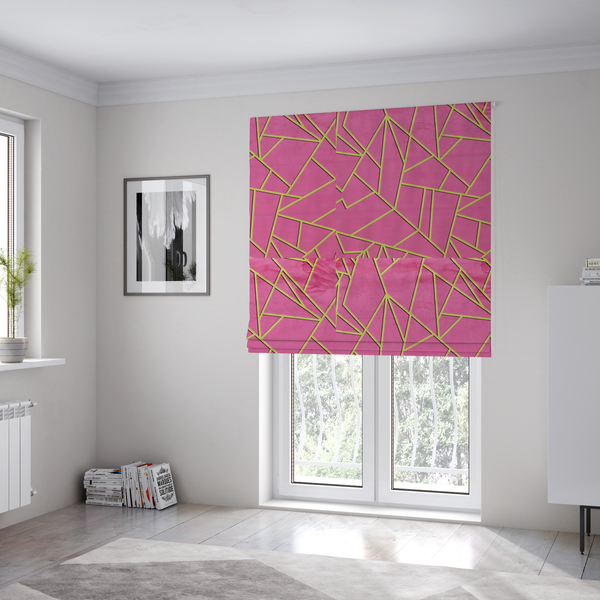 The fabric used to create these Roman blinds is a luxurious magenta or hot pink fabric featuring a fractured, geometric mosaic pattern. The vibrant, matte background is segmented by a network of recessed metallic gold lines that form sharp, irregular polygons. This "shattered-glass" effect creates a striking visual contrast, blending the intense, energetic pink base with shimmering, Art Deco-inspired gold linework for a modern and glamorous look.
