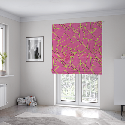 The fabric used to create these Roman blinds is a luxurious magenta or hot pink fabric featuring a fractured, geometric mosaic pattern. The vibrant, matte background is segmented by a network of recessed metallic gold lines that form sharp, irregular polygons. This "shattered-glass" effect creates a striking visual contrast, blending the intense, energetic pink base with shimmering, Art Deco-inspired gold linework for a modern and glamorous look.