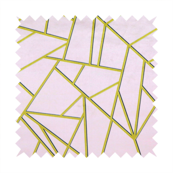 A close-up of a luxurious blush pink or pale rose fabric featuring a fractured, geometric mosaic pattern. The soft, matte background is segmented by a network of recessed metallic gold lines that form sharp, irregular polygons. This "shattered-glass" effect creates a refined visual contrast, blending the subtle, romantic tones of the textile with shimmering, Art Deco-inspired gold accents for a clean and sophisticated look.