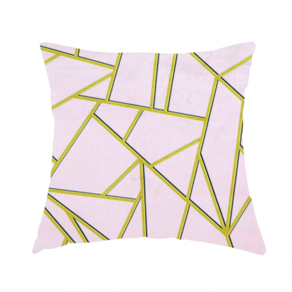 The fabric used to create these handmade cushions is a luxurious blush pink or pale rose fabric featuring a fractured, geometric mosaic pattern. The soft, matte background is segmented by a network of recessed metallic gold lines that form sharp, irregular polygons. This "shattered-glass" effect creates a refined visual contrast, blending the subtle, romantic tones of the textile with shimmering, Art Deco-inspired gold accents for a clean and sophisticated look.