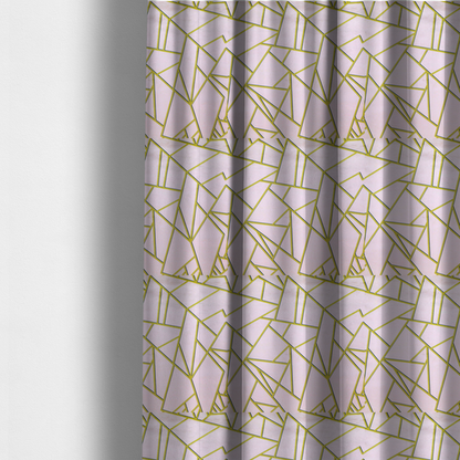 The fabric used to create these made-to-measure curtains is a luxurious blush pink or pale rose fabric featuring a fractured, geometric mosaic pattern. The soft, matte background is segmented by a network of recessed metallic gold lines that form sharp, irregular polygons. This "shattered-glass" effect creates a refined visual contrast, blending the subtle, romantic tones of the textile with shimmering, Art Deco-inspired gold accents for a clean and sophisticated look.