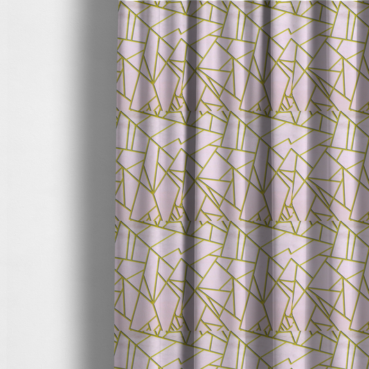 The fabric used to create these made-to-measure curtains is a luxurious blush pink or pale rose fabric featuring a fractured, geometric mosaic pattern. The soft, matte background is segmented by a network of recessed metallic gold lines that form sharp, irregular polygons. This "shattered-glass" effect creates a refined visual contrast, blending the subtle, romantic tones of the textile with shimmering, Art Deco-inspired gold accents for a clean and sophisticated look.