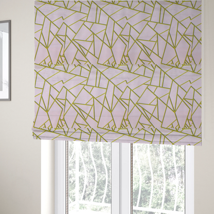 The fabric used to create these Roman blinds is a luxurious blush pink or pale rose fabric featuring a fractured, geometric mosaic pattern. The soft, matte background is segmented by a network of recessed metallic gold lines that form sharp, irregular polygons. This "shattered-glass" effect creates a refined visual contrast, blending the subtle, romantic tones of the textile with shimmering, Art Deco-inspired gold accents for a clean and sophisticated look.
