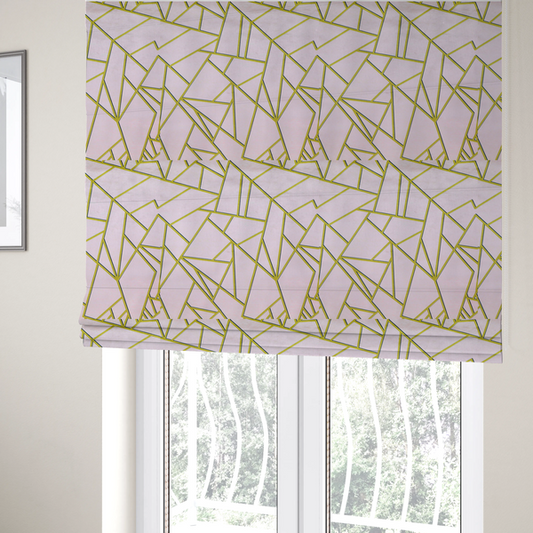 The fabric used to create these Roman blinds is a luxurious blush pink or pale rose fabric featuring a fractured, geometric mosaic pattern. The soft, matte background is segmented by a network of recessed metallic gold lines that form sharp, irregular polygons. This "shattered-glass" effect creates a refined visual contrast, blending the subtle, romantic tones of the textile with shimmering, Art Deco-inspired gold accents for a clean and sophisticated look.