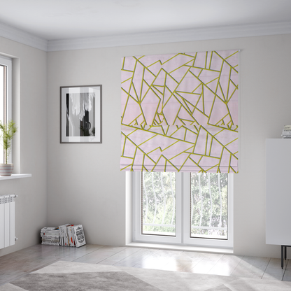The fabric used to create these Roman blinds is a luxurious blush pink or pale rose fabric featuring a fractured, geometric mosaic pattern. The soft, matte background is segmented by a network of recessed metallic gold lines that form sharp, irregular polygons. This "shattered-glass" effect creates a refined visual contrast, blending the subtle, romantic tones of the textile with shimmering, Art Deco-inspired gold accents for a clean and sophisticated look.