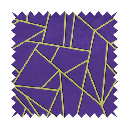 A close-up of a luxurious deep purple or violet fabric featuring a fractured, geometric mosaic pattern. The dark, matte background is segmented by a network of recessed metallic gold lines that form sharp, irregular polygons. This "shattered-glass" effect creates a dramatic visual contrast, blending the rich, royal tones of the textile with shimmering, Art Deco-inspired gold accents for a bold and sophisticated look.