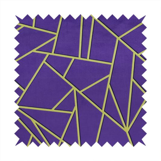 A close-up of a luxurious deep purple or violet fabric featuring a fractured, geometric mosaic pattern. The dark, matte background is segmented by a network of recessed metallic gold lines that form sharp, irregular polygons. This "shattered-glass" effect creates a dramatic visual contrast, blending the rich, royal tones of the textile with shimmering, Art Deco-inspired gold accents for a bold and sophisticated look.