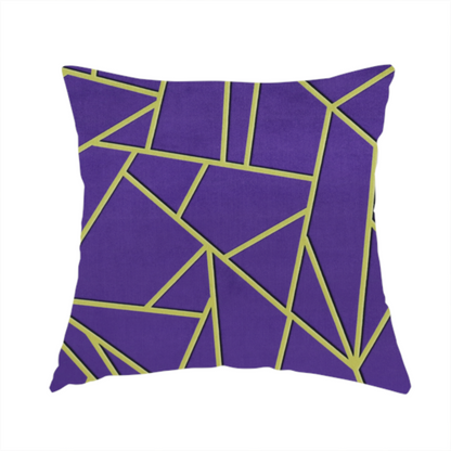 The fabric used to create this handmade cushion is a luxurious deep purple or violet fabric featuring a fractured, geometric mosaic pattern. The dark, matte background is segmented by a network of recessed metallic gold lines that form sharp, irregular polygons. This "shattered-glass" effect creates a dramatic visual contrast, blending the rich, royal tones of the textile with shimmering, Art Deco-inspired gold accents for a bold and sophisticated look.