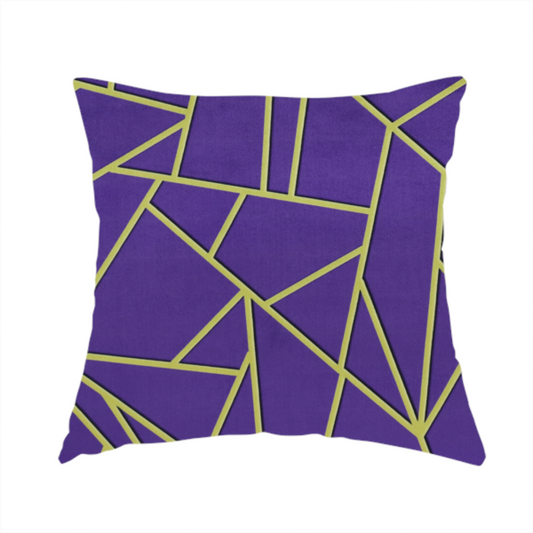 The fabric used to create this handmade cushion is a luxurious deep purple or violet fabric featuring a fractured, geometric mosaic pattern. The dark, matte background is segmented by a network of recessed metallic gold lines that form sharp, irregular polygons. This "shattered-glass" effect creates a dramatic visual contrast, blending the rich, royal tones of the textile with shimmering, Art Deco-inspired gold accents for a bold and sophisticated look.