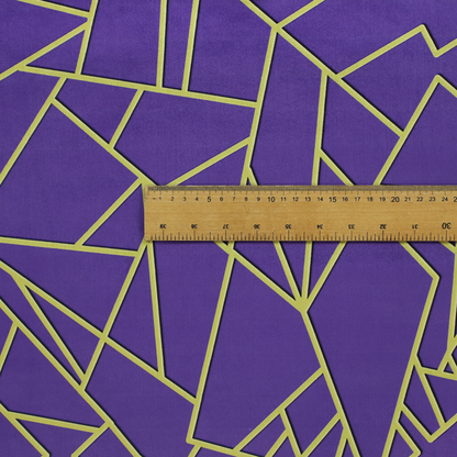 A close-up of a luxurious deep purple or violet fabric featuring a fractured, geometric mosaic pattern. The dark, matte background is segmented by a network of recessed metallic gold lines that form sharp, irregular polygons. This "shattered-glass" effect creates a dramatic visual contrast, blending the rich, royal tones of the textile with shimmering, Art Deco-inspired gold accents for a bold and sophisticated look.