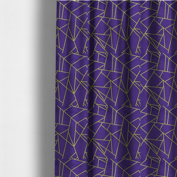 The fabric used to create these Roman blinds is a luxurious deep purple or violet fabric featuring a fractured, geometric mosaic pattern. The dark, matte background is segmented by a network of recessed metallic gold lines that form sharp, irregular polygons. This "shattered-glass" effect creates a dramatic visual contrast, blending the rich, royal tones of the textile with shimmering, Art Deco-inspired gold accents for a bold and sophisticated look.
