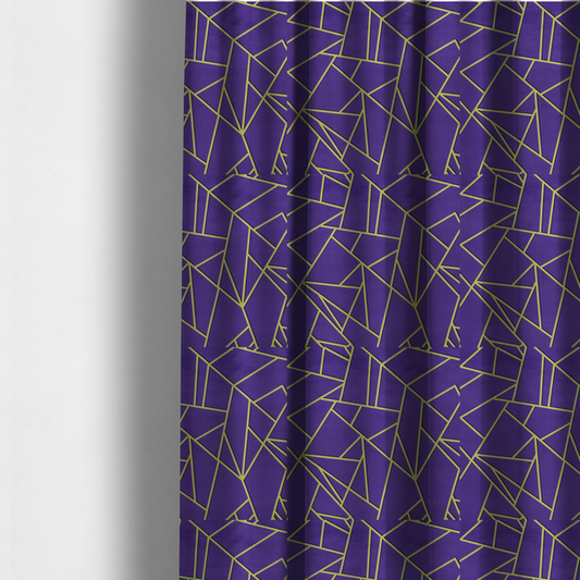 The fabric used to create these Roman blinds is a luxurious deep purple or violet fabric featuring a fractured, geometric mosaic pattern. The dark, matte background is segmented by a network of recessed metallic gold lines that form sharp, irregular polygons. This "shattered-glass" effect creates a dramatic visual contrast, blending the rich, royal tones of the textile with shimmering, Art Deco-inspired gold accents for a bold and sophisticated look.