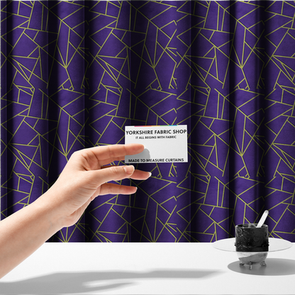 The fabric used to create these Roman blinds is a luxurious deep purple or violet fabric featuring a fractured, geometric mosaic pattern. The dark, matte background is segmented by a network of recessed metallic gold lines that form sharp, irregular polygons. This "shattered-glass" effect creates a dramatic visual contrast, blending the rich, royal tones of the textile with shimmering, Art Deco-inspired gold accents for a bold and sophisticated look.