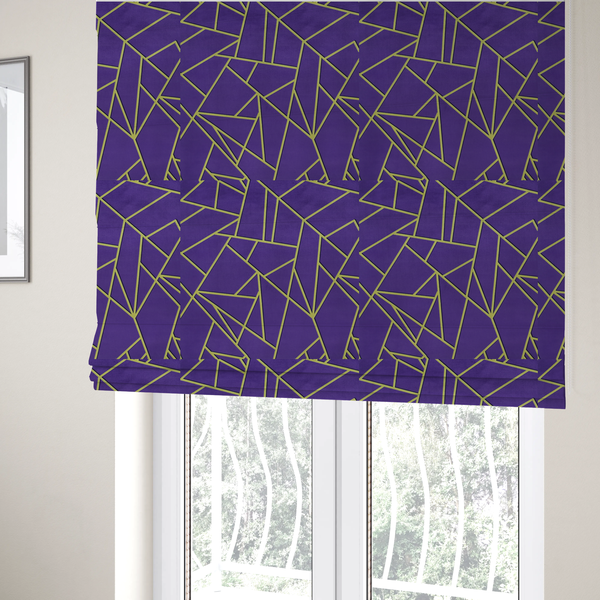 The fabric used to create these Roman blinds is a luxurious deep purple or violet fabric featuring a fractured, geometric mosaic pattern. The dark, matte background is segmented by a network of recessed metallic gold lines that form sharp, irregular polygons. This "shattered-glass" effect creates a dramatic visual contrast, blending the rich, royal tones of the textile with shimmering, Art Deco-inspired gold accents for a bold and sophisticated look.