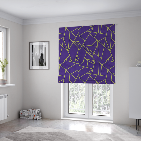 The fabric used to create these Roman blinds is a luxurious deep purple or violet fabric featuring a fractured, geometric mosaic pattern. The dark, matte background is segmented by a network of recessed metallic gold lines that form sharp, irregular polygons. This "shattered-glass" effect creates a dramatic visual contrast, blending the rich, royal tones of the textile with shimmering, Art Deco-inspired gold accents for a bold and sophisticated look.