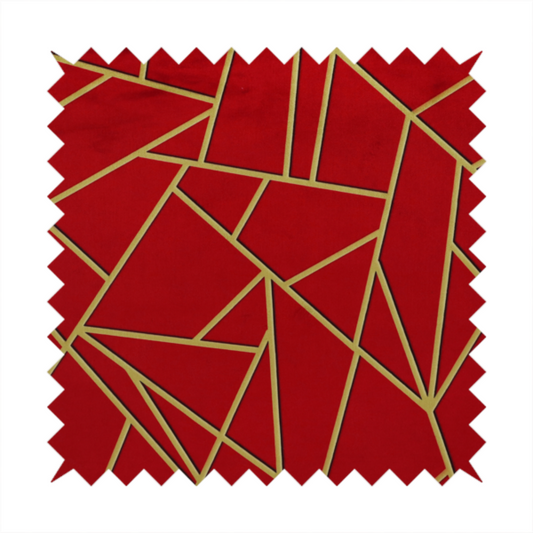 A close-up of a luxurious vibrant red fabric featuring a fractured, geometric mosaic pattern. The rich, matte background is segmented by a network of recessed metallic gold lines that form sharp, irregular polygons. This "shattered-glass" or "cracked ice" effect creates a striking visual contrast, blending the intense red base with shimmering, Art Deco-inspired gold linework for a dramatic and architectural look.