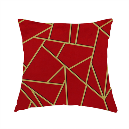 The fabric used to create this handmade cushion is a luxurious vibrant red fabric featuring a fractured, geometric mosaic pattern. The rich, matte background is segmented by a network of recessed metallic gold lines that form sharp, irregular polygons. This "shattered-glass" or "cracked ice" effect creates a striking visual contrast, blending the intense red base with shimmering, Art Deco-inspired gold linework for a dramatic and architectural look.