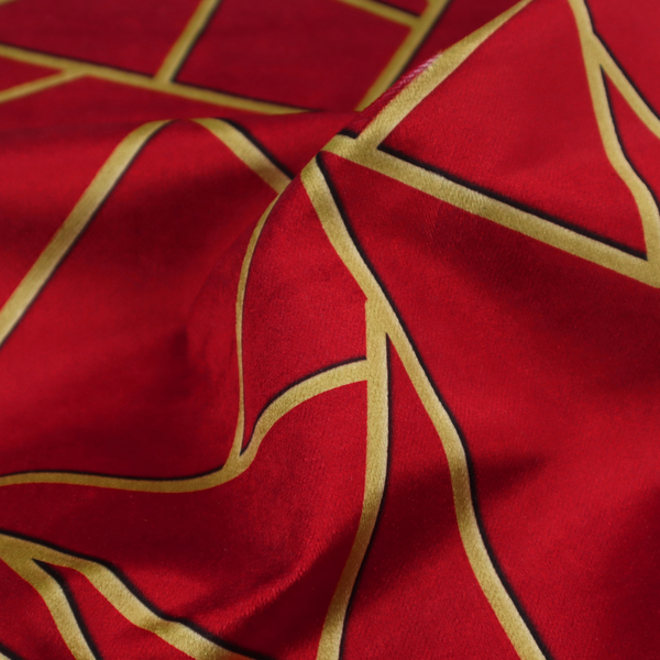A close-up of a luxurious vibrant red fabric featuring a fractured, geometric mosaic pattern. The rich, matte background is segmented by a network of recessed metallic gold lines that form sharp, irregular polygons. This "shattered-glass" or "cracked ice" effect creates a striking visual contrast, blending the intense red base with shimmering, Art Deco-inspired gold linework for a dramatic and architectural look.