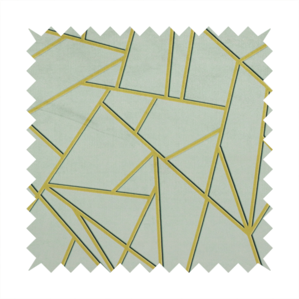 A close-up of a luxurious silver fabric featuring a fractured, geometric mosaic pattern. The soft, matte background is segmented by a network of recessed metallic gold lines that form sharp, irregular polygons. This "shattered-glass" effect creates a calm yet architectural look, blending cool, desaturated tones with shimmering, Art Deco-inspired gold linework for a high-end, contemporary finish.