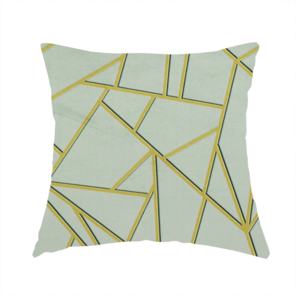 The fabric used to create this handmade cushion is a luxurious silver fabric featuring a fractured, geometric mosaic pattern. The soft, matte background is segmented by a network of recessed metallic gold lines that form sharp, irregular polygons. This "shattered-glass" effect creates a calm yet architectural look, blending cool, desaturated tones with shimmering, Art Deco-inspired gold linework for a high-end, contemporary finish.