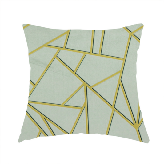 The fabric used to create this handmade cushion is a luxurious silver fabric featuring a fractured, geometric mosaic pattern. The soft, matte background is segmented by a network of recessed metallic gold lines that form sharp, irregular polygons. This "shattered-glass" effect creates a calm yet architectural look, blending cool, desaturated tones with shimmering, Art Deco-inspired gold linework for a high-end, contemporary finish.