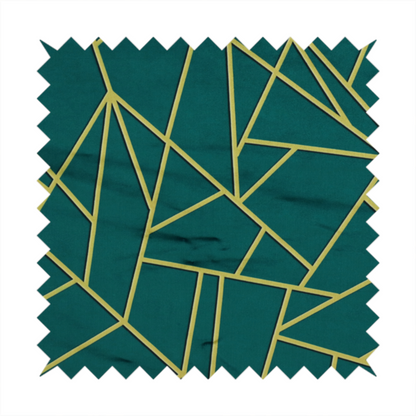 A close-up of a luxurious deep peacock or dark teal fabric featuring a fractured, geometric mosaic pattern. The moody, matte background is segmented by a network of recessed metallic gold lines that form sharp, irregular polygons. This "shattered-glass" effect pairs a sophisticated, dark jewel-toned base with shimmering, Art Deco-inspired gold accents for a dramatic and architectural look.