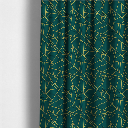 The fabric used to create these made-to-measure curtains is a luxurious deep peacock or dark teal fabric featuring a fractured, geometric mosaic pattern. The moody, matte background is segmented by a network of recessed metallic gold lines that form sharp, irregular polygons. This "shattered-glass" effect pairs a sophisticated, dark jewel-toned base with shimmering, Art Deco-inspired gold accents for a dramatic and architectural look.