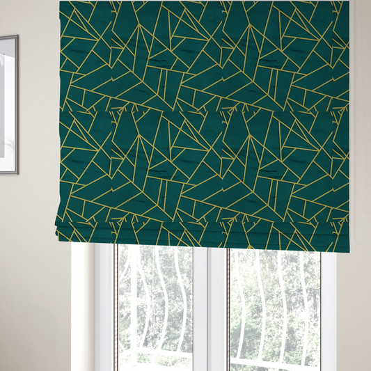 The fabric used to create these Roman blinds is a luxurious deep peacock or dark teal fabric featuring a fractured, geometric mosaic pattern. The moody, matte background is segmented by a network of recessed metallic gold lines that form sharp, irregular polygons. This "shattered-glass" effect pairs a sophisticated, dark jewel-toned base with shimmering, Art Deco-inspired gold accents for a dramatic and architectural look.