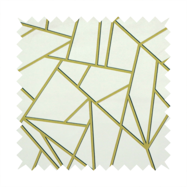 A close-up of a luxurious stark white or ivory fabric featuring a fractured, geometric mosaic pattern. The clean, matte background is segmented by a network of recessed metallic gold lines that form sharp, irregular polygons. This "shattered-glass" effect creates a sophisticated architectural look, pairing a bright, neutral base with shimmering, Art Deco-inspired gold linework for a high-contrast and contemporary finish.