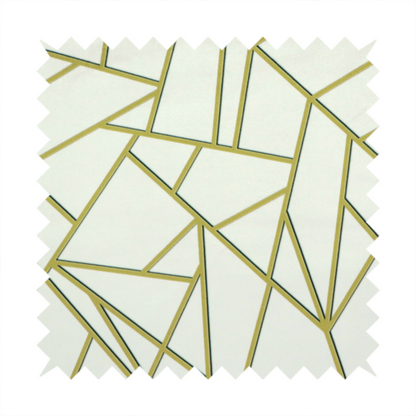 A close-up of a luxurious stark white or ivory fabric featuring a fractured, geometric mosaic pattern. The clean, matte background is segmented by a network of recessed metallic gold lines that form sharp, irregular polygons. This "shattered-glass" effect creates a sophisticated architectural look, pairing a bright, neutral base with shimmering, Art Deco-inspired gold linework for a high-contrast and contemporary finish.