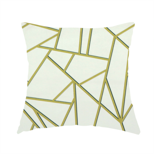 The fabric used to create this handmade cushion is a luxurious stark white or ivory fabric featuring a fractured, geometric mosaic pattern. The clean, matte background is segmented by a network of recessed metallic gold lines that form sharp, irregular polygons. This "shattered-glass" effect creates a sophisticated architectural look, pairing a bright, neutral base with shimmering, Art Deco-inspired gold linework for a high-contrast and contemporary finish.