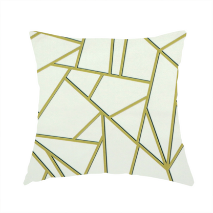 The fabric used to create this handmade cushion is a luxurious stark white or ivory fabric featuring a fractured, geometric mosaic pattern. The clean, matte background is segmented by a network of recessed metallic gold lines that form sharp, irregular polygons. This "shattered-glass" effect creates a sophisticated architectural look, pairing a bright, neutral base with shimmering, Art Deco-inspired gold linework for a high-contrast and contemporary finish.