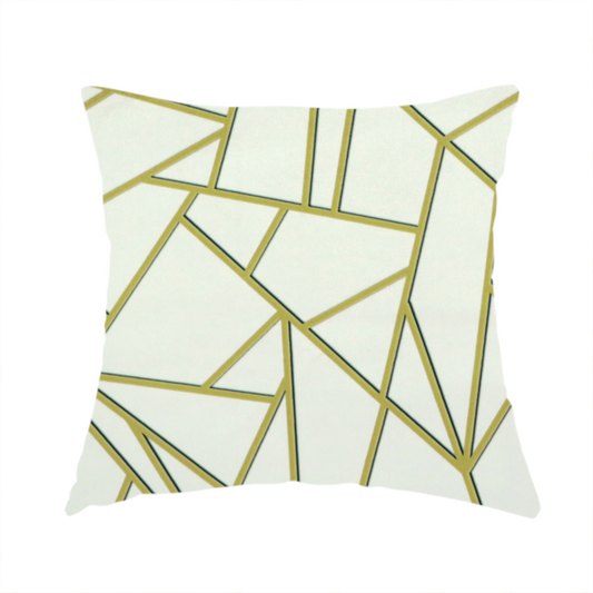 The fabric used to create this handmade cushion is a luxurious stark white or ivory fabric featuring a fractured, geometric mosaic pattern. The clean, matte background is segmented by a network of recessed metallic gold lines that form sharp, irregular polygons. This "shattered-glass" effect creates a sophisticated architectural look, pairing a bright, neutral base with shimmering, Art Deco-inspired gold linework for a high-contrast and contemporary finish.