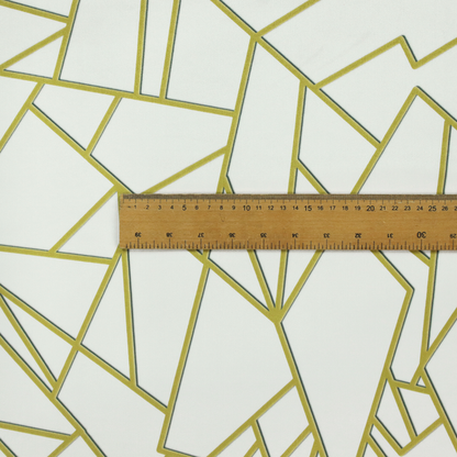 A close-up of a luxurious stark white or ivory fabric featuring a fractured, geometric mosaic pattern. The clean, matte background is segmented by a network of recessed metallic gold lines that form sharp, irregular polygons. This "shattered-glass" effect creates a sophisticated architectural look, pairing a bright, neutral base with shimmering, Art Deco-inspired gold linework for a high-contrast and contemporary finish.