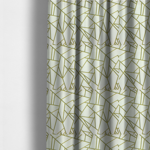 The fabric used to create these made-to-measure curtains is a luxurious stark white or ivory fabric featuring a fractured, geometric mosaic pattern. The clean, matte background is segmented by a network of recessed metallic gold lines that form sharp, irregular polygons. This "shattered-glass" effect creates a sophisticated architectural look, pairing a bright, neutral base with shimmering, Art Deco-inspired gold linework for a high-contrast and contemporary finish