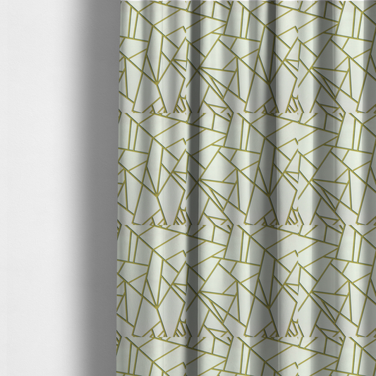 The fabric used to create these made-to-measure curtains is a luxurious stark white or ivory fabric featuring a fractured, geometric mosaic pattern. The clean, matte background is segmented by a network of recessed metallic gold lines that form sharp, irregular polygons. This "shattered-glass" effect creates a sophisticated architectural look, pairing a bright, neutral base with shimmering, Art Deco-inspired gold linework for a high-contrast and contemporary finish