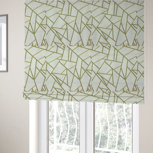 The fabric used to create these Roman blinds is a luxurious stark white or ivory fabric featuring a fractured, geometric mosaic pattern. The clean, matte background is segmented by a network of recessed metallic gold lines that form sharp, irregular polygons. This "shattered-glass" effect creates a sophisticated architectural look, pairing a bright, neutral base with shimmering, Art Deco-inspired gold linework for a high-contrast and contemporary finish.