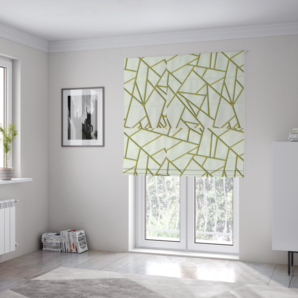 The fabric used to create these Roman blinds is a luxurious stark white or ivory fabric featuring a fractured, geometric mosaic pattern. The clean, matte background is segmented by a network of recessed metallic gold lines that form sharp, irregular polygons. This "shattered-glass" effect creates a sophisticated architectural look, pairing a bright, neutral base with shimmering, Art Deco-inspired gold linework for a high-contrast and contemporary finish.