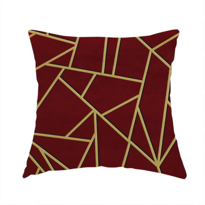 The fabric used to create this handmade cushion is a luxurious burgundy or wine red fabric featuring a fractured, geometric mosaic pattern. The dark, velvety matte background is segmented by a network of recessed metallic gold lines that form sharp, irregular polygons. This "shattered-glass" effect pairs a rich, deep-toned base with shimmering, Art Deco-inspired gold linework for a dramatic and architectural look.