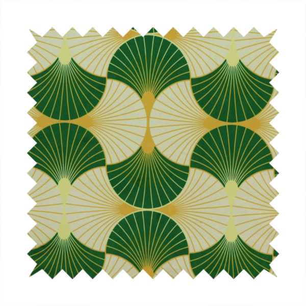 A vibrant, Art Deco-inspired pattern with a repeating fan or scalloped shell motif. The design is structured in interlocking rows, creating a continuous, rhythmic flow across the fabric.