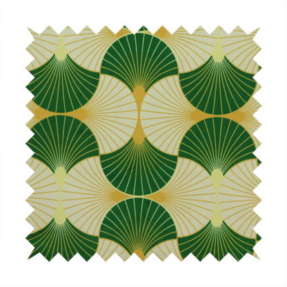 A vibrant, Art Deco-inspired pattern with a repeating fan or scalloped shell motif. The design is structured in interlocking rows, creating a continuous, rhythmic flow across the fabric.