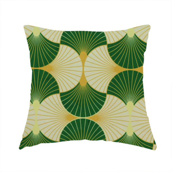 The fabric used to create this handmade cushion has a vibrant, Art Deco-inspired pattern with a repeating fan or scalloped shell motif. The design is structured in interlocking rows, creating a continuous, rhythmic flow across the fabric.