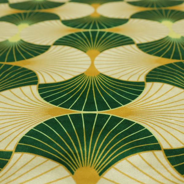 A vibrant, Art Deco-inspired pattern with a repeating fan or scalloped shell motif. The design is structured in interlocking rows, creating a continuous, rhythmic flow across the fabric.
