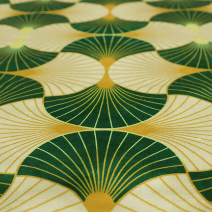 A vibrant, Art Deco-inspired pattern with a repeating fan or scalloped shell motif. The design is structured in interlocking rows, creating a continuous, rhythmic flow across the fabric.