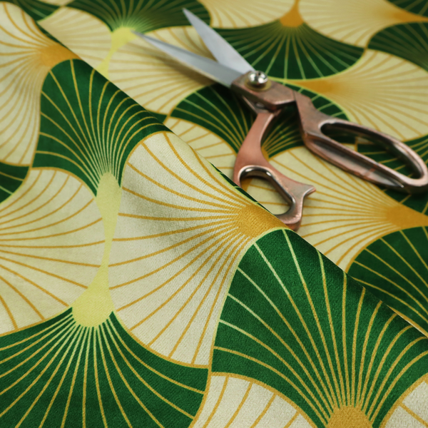 A vibrant, Art Deco-inspired pattern with a repeating fan or scalloped shell motif. The design is structured in interlocking rows, creating a continuous, rhythmic flow across the fabric.