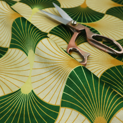 A vibrant, Art Deco-inspired pattern with a repeating fan or scalloped shell motif. The design is structured in interlocking rows, creating a continuous, rhythmic flow across the fabric.