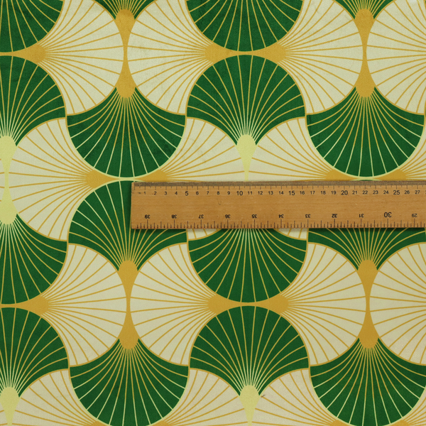 A vibrant, Art Deco-inspired pattern with a repeating fan or scalloped shell motif. The design is structured in interlocking rows, creating a continuous, rhythmic flow across the fabric.